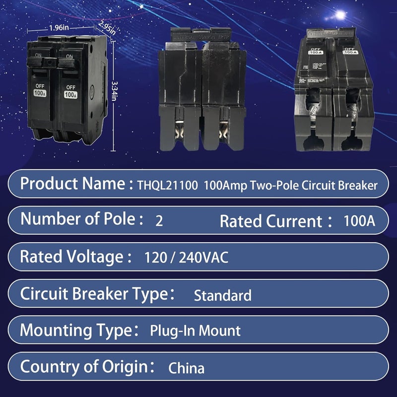 PPYIPC قاطع الدائرة THQL21100، بديل لقاطع GE THQL 2P 100 أمبير، 120/240VAC 2 قطب 100 أمبير 10kAIC، نوع تركيب توصيل، يشمل نظام تحديد التيار، حماية السلامة الكهربائية - Image 3